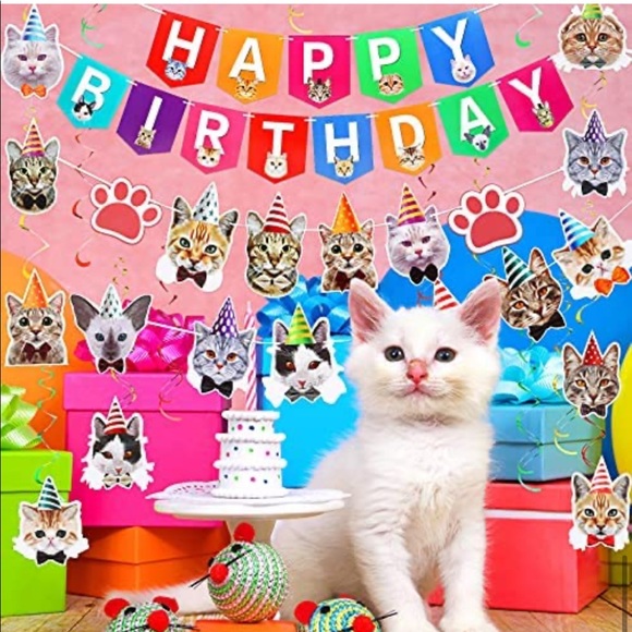 34 Pieces Cat Party Decorations Cat Faces Birthday Banner - Picture 5 of 7